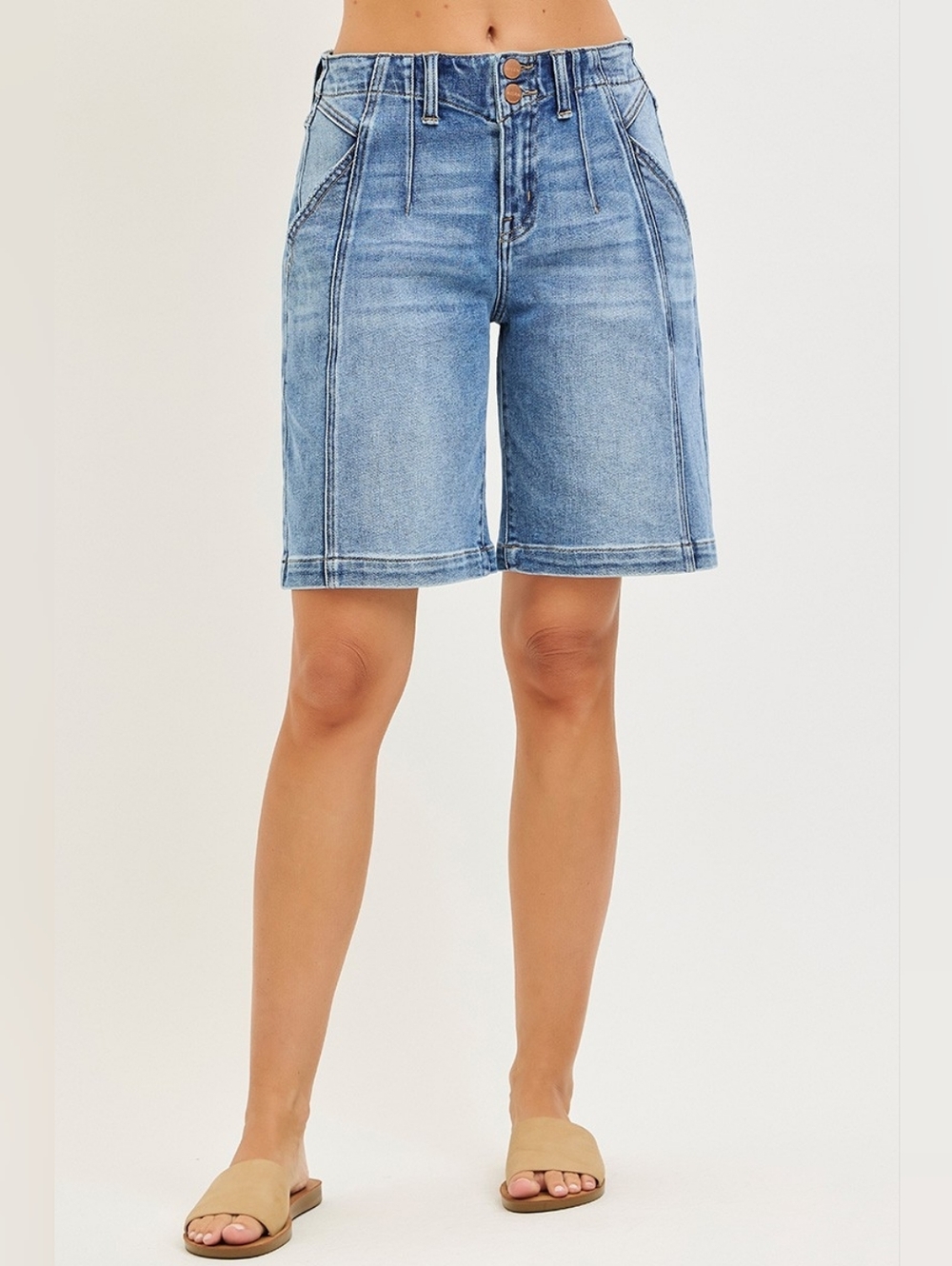 RISEN HR Med Wash Slouchy Jorts Midi Shorts Seam Detail Two Button Various NEW - Picture 7 of 7